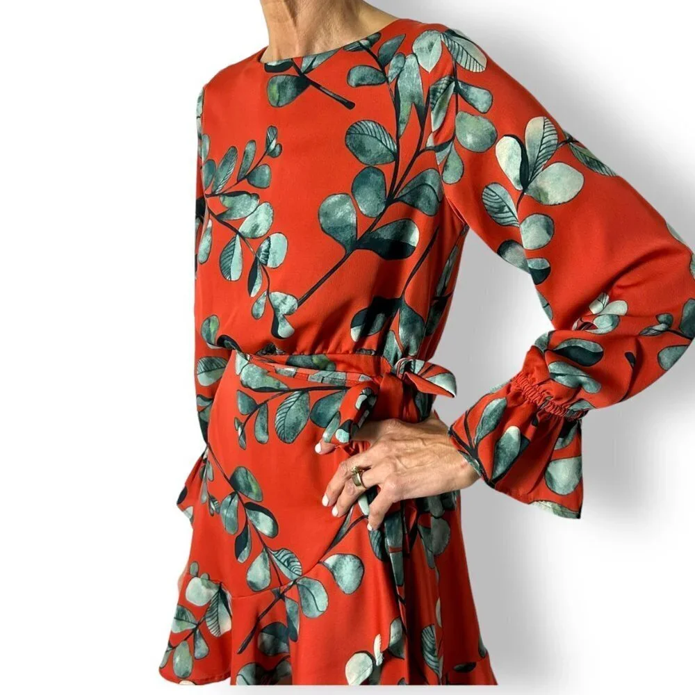 NWT Wade Voss Chili Pepper Long Sleeve Mini Dress Wrap Skirt Tie Size Small